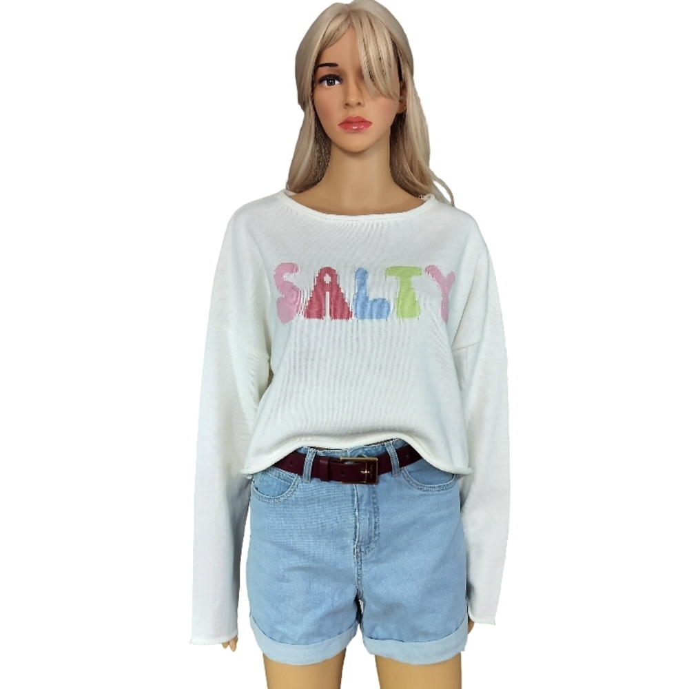 moon & madison Long Sleeve White Sweater with Multicolor Letters Size L NWT